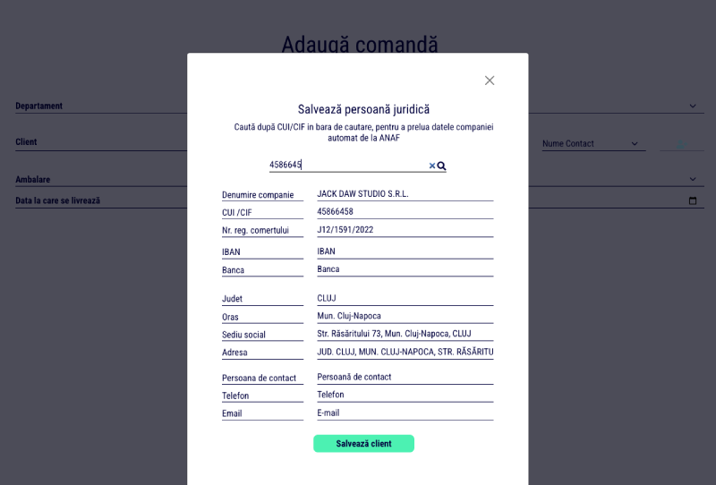 adaugarea unei comenzi noi in sistemul tiny.ERP