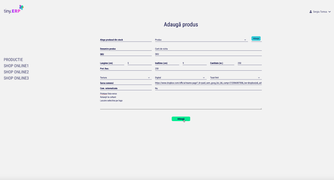 adauga produse in comanda din sistemul tiny.ERP